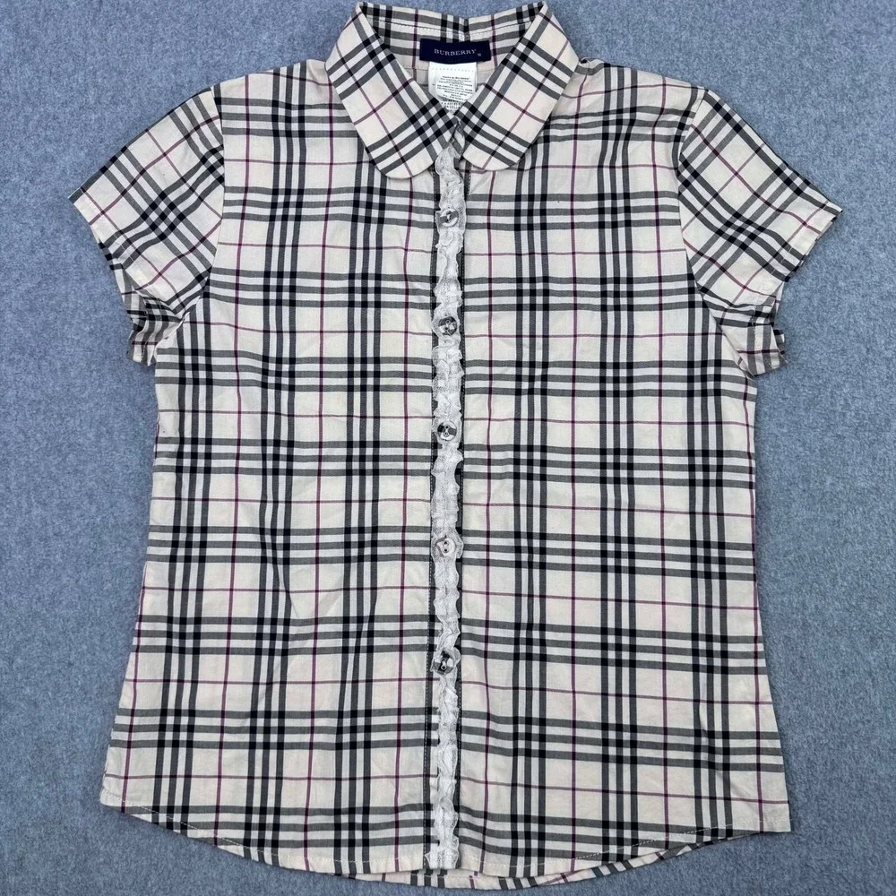 Burberry Nova Check Printed Cotton Trim Detail SS Button Up Girls Sz 10 Academia